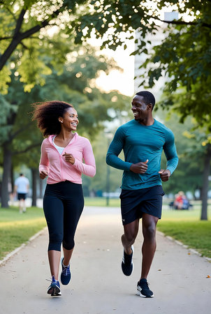 Stock photography image of an African American couple jogging side by side in a green urban park.の写真素材