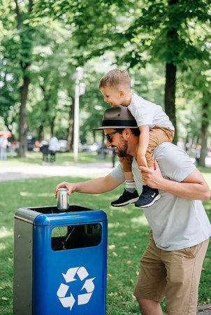 A meaningful environmental scene showing a father carrying his young son on his shoulders while the child places an aluminum can into a recycling bin.の写真素材