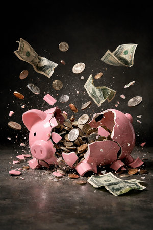 A dynamic and conceptual shot that captures the exact moment a pink ceramic piggy bank breaks, releasing a large amount of coins and dollar bills that fly through the airの写真素材