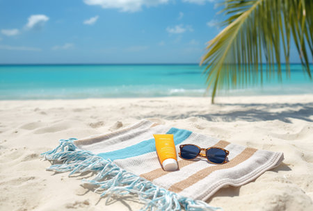 A curated set of summer essentials including a sunscreen bottle, a tube of facial sunblock, and...