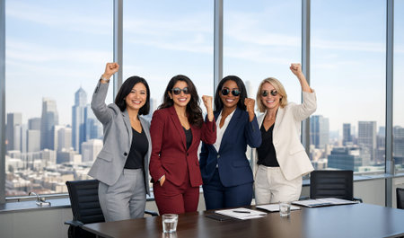 A group of four professional diverse womenâ€”Caucasian, African American, Latina, and...