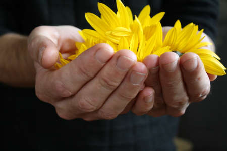 flowers in his handsの写真素材