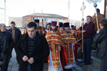 Kamennomostskiy, Russia - November 8, 2014 - Worship in the Orthodox Church
