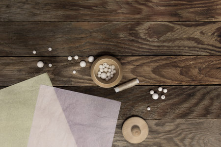 The Items for needlework on the wooden tableの写真素材