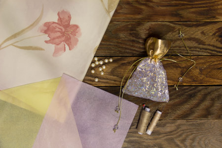 The Items for needlework on the wooden tableの写真素材