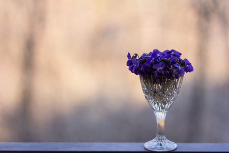 a bouquet of purple violets in a glass