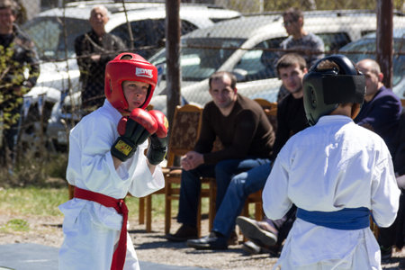 Pobeda, Russia - April 25, 2015 - Hand-to-hand fight tournament among orthodox military patriotic and military and sports clubs.のeditorial素材