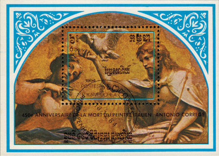 Kampuchea - CIRCA 1984: mail stamp printed in Kampuchea to the 450th anniversary of the Italian artist Antonio Correggio, a souvenir sheet with a reproduction of the "Coronation of the virgin Mary. The painting of the conch of the apse", circa 1984のeditorial素材