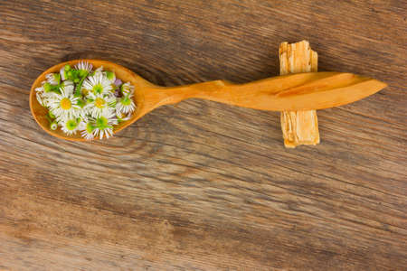 the petals of chamomile in wood spoon on the old Board was cracked. top view closeupの写真素材