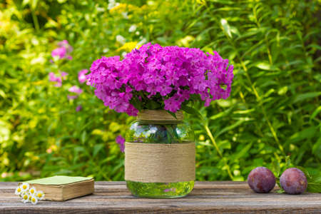 bouquet of phlox flowers in a glass vase, ripe plums and old book with daisies on the table on nature background, selective focusの写真素材