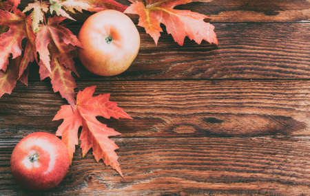 Ripe Red Apples And Colorful Autumn Maple Leaves On Wooden Brown Background. Autumn Background With Space For Text. Tinted Imageの写真素材