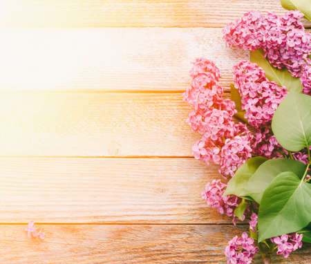 Spring background with bouquet of lilac flowers on wooden plates in the sunlight with space for textの写真素材