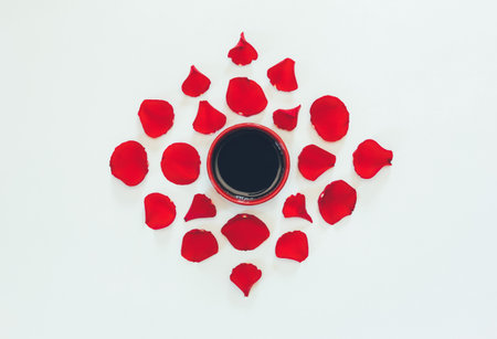 cup of coffee and petals of red roses pattern on white background. Flat lay, top view
