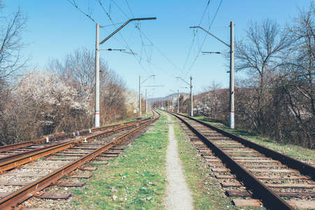 railway track in the countryside in the springの写真素材