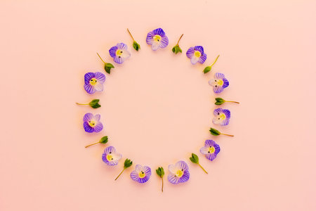 round floral frame on a pink background. Flat lay, top viewの写真素材
