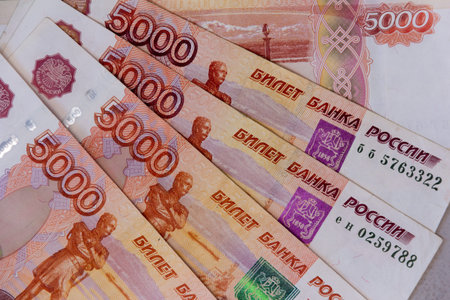 paper Russian ruble banknotes five thousandth top view closeup