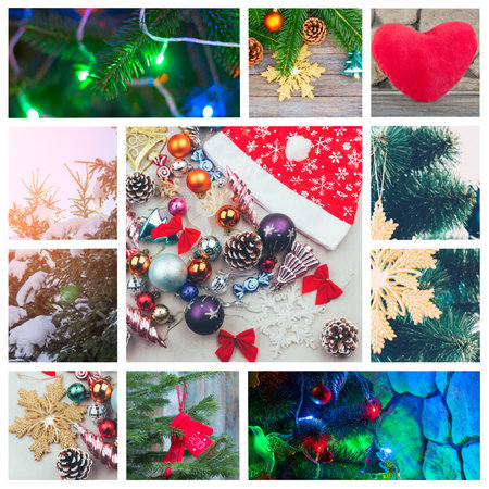 New Years festive collage with a garland, Christmas toys, Christmas tree lights (photo all mine)