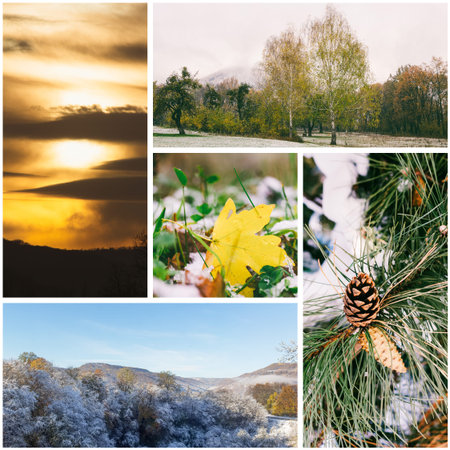 collage on the theme of late autumn: first snow in the Park, fallen maple leaf, the evening sky, snowy hills and forests (photo mine)の写真素材