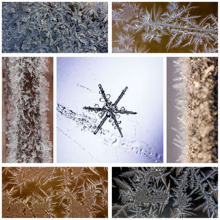 winter collage of macro photos of snowflakes and frosty patterns on glass and frost (photos all mine)の写真素材