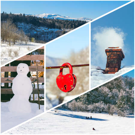winter photo collage of a snowman, Smoking chimney, the red padlock in the shape of a heart, riding on a sleigh of children and winter forest (photos all mine)の写真素材