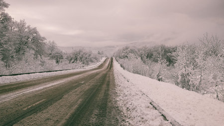 the snow-covered asphalt road in the countryside in winter