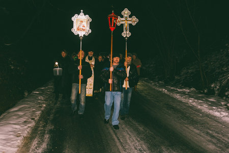 Adygea, Russia - January 19, 2018: Night Orthodox procession on the feast of the Epiphany
