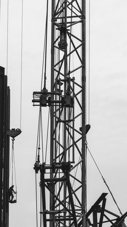 part of tower crane and industrial climber worker working at height, black and white photo