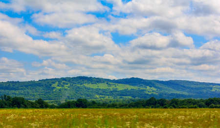 summer landscape with field, hills, forest and blue sky with beautiful cloudsの写真素材