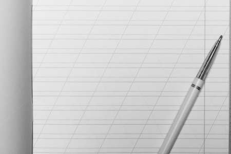 open school notebook in a narrow line with a slash for learning spelling mock up with copy space and ballpoint pen, top view, black and white photoの写真素材