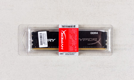 Maykop, Russia - November 9, 2018: DIMM DDR 4 16 Gb Kingston HyperX Fury Memory RAM Module in box on...