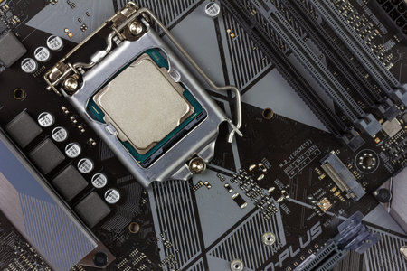 desktop processor 8th gen on background motherboard closeup top view