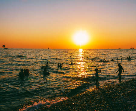 children and adults swim in the sea in the evening at sunsetの写真素材