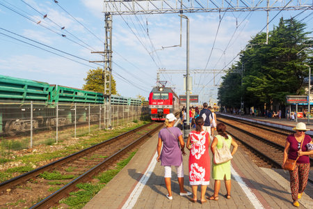 people are waiting for the arrival of the train at the Lazarevskoye railway station on a summer morningのeditorial素材