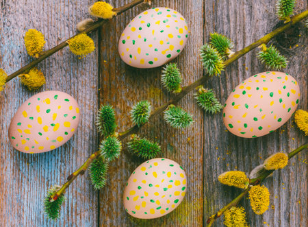 Easter composition of flowering willow twigs and Easter eggs with a simple pattern of yellow and...