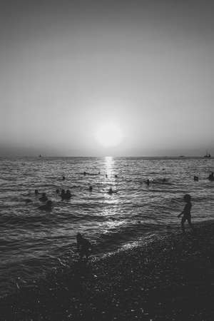 people swim in the sea in the evening at sunset, black and white photoの写真素材