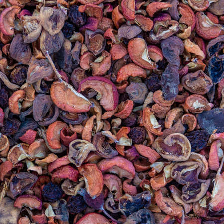 mix of dried fruit apples, peaches and pears close-up, top viewの写真素材