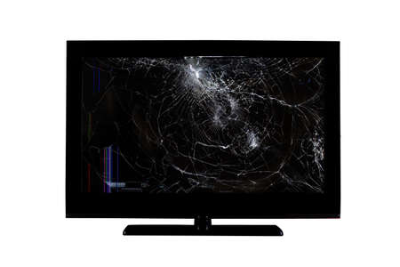 colored stripes and cracks on a broken screen of a liquid crystal display, computer monitor or full hd television isolated on a white backgroundの写真素材