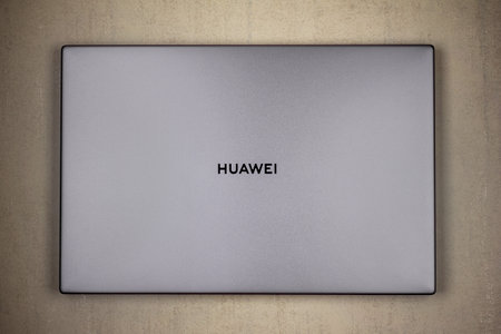 Sochi, Russia - September 27, 2020: gray Huawei laptop top view on a gray background close upのeditorial素材