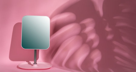 mirror on a pink background with a shadow from a tropical houseplant monstera with copy spaceの写真素材