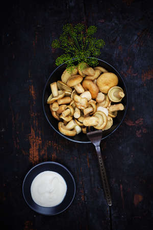 salted milk mushrooms with green sprigs of dill in a black bowl and mushroom on fork and sour cream in a saucer on a black wooden table top viewの写真素材
