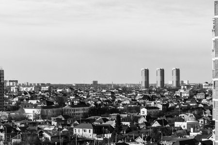 Krasnodar, Russia - December 19, 2020: view of the central microdistrict of the city of Krasnodar black and white photoのeditorial素材