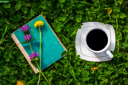 an old green book with wildflowers and a cup of coffee on a green meadow on a summer or spring morning top viewの写真素材
