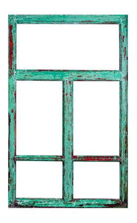 old window frame with remnants of green paint isolated on white backgroundの写真素材