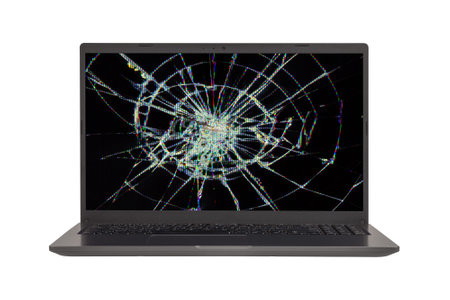 an open laptop with a broken screen Isolated on a white background close-up front viewの写真素材