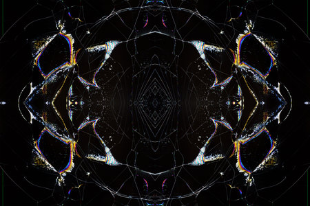 abstract background texture of a liquid crystal broken display with cracks and multicolored leaking liquid crystals on a black screenの写真素材