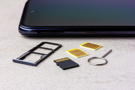 smartphone and open slots for nano SIM cards, two nano SIM cards, micro SD drive and metal key on gray background close upの写真素材