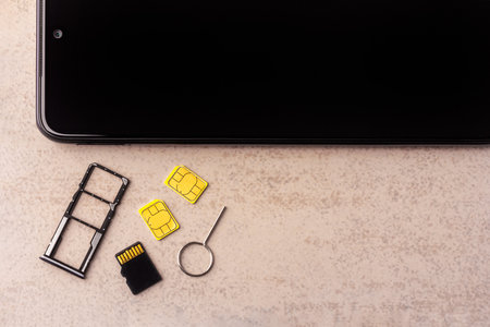 smartphone and open slots for nano SIM cards, two nano SIM cards, micro SD drive and metal key on gray backgroundの写真素材