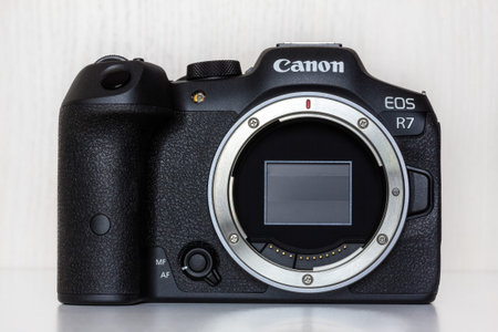 Krasnodar, Russia - December 28, 2023: mirrorless camera Canon eos R7 with RF mount without lens...