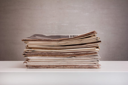 a stack of newspapers on a white table on a gray background