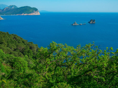 View of the seascape Montenegro in Balkans. Mountains and islands.